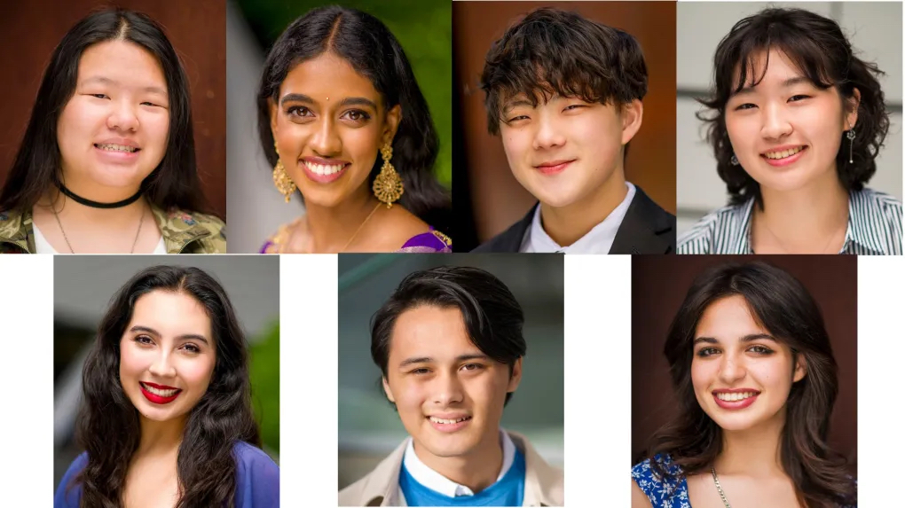 The Artists of the Year for 2024 are (top row from left): Grace Lin, media arts; Viveka Saravanan, vocal music; Jadon Wu, instrumental music; Caroline Kim, fine arts; (bottom row, from left) Sofia Aniceto, dance; Benjamin Weil, film and TV; and McKenzie Cahill, theater.