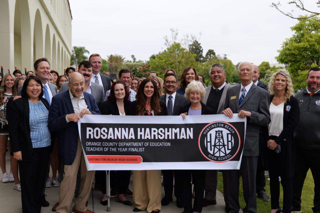 Huntington Beach High School teacher Rosanna Harshman is announced as a 2025 Orange County Teacher of the Year finalist on Thursday, May 2.