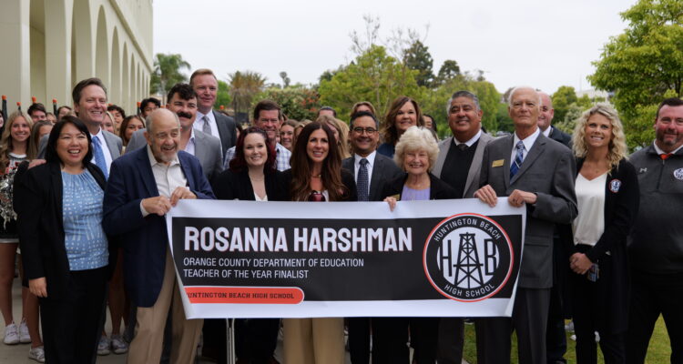 Huntington Beach High School teacher Rosanna Harshman is announced as a 2025 Orange County Teacher of the Year finalist on Thursday, May 2.