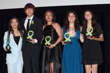 Los Alamitos High School students Emily Fitzgerald, Jessica Bae, Ella Shapiro and Kyan Whiten win first place in the mental health category at the 2024 Directing Change Film Program and Contest awards on May 21. (Courtesy of the Directing Change Program & Film Contest)