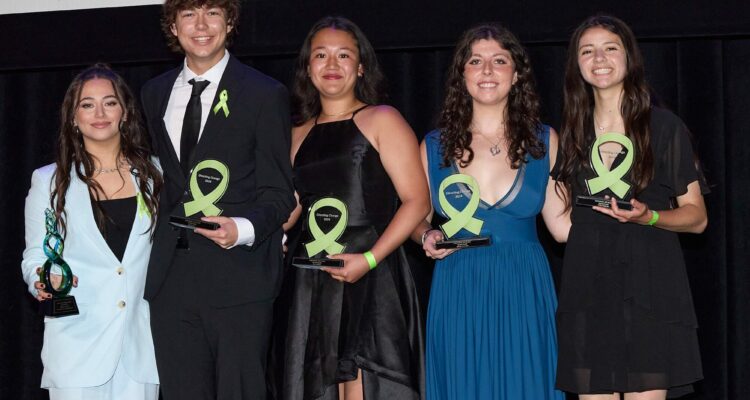Los Alamitos High School students Emily Fitzgerald, Jessica Bae, Ella Shapiro and Kyan Whiten win first place in the mental health category at the 2024 Directing Change Film Program and Contest awards on May 21. (Courtesy of the Directing Change Program & Film Contest)