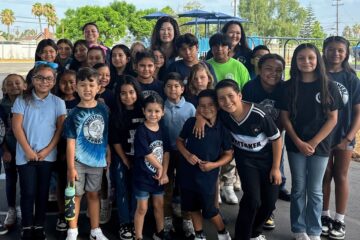 Buena Park School District Superintendent Dr. Julienne Lee celebrates the park opening with Whitaker Elementary students on Aug. 7. (Photos courtesy of Buena Park School District)