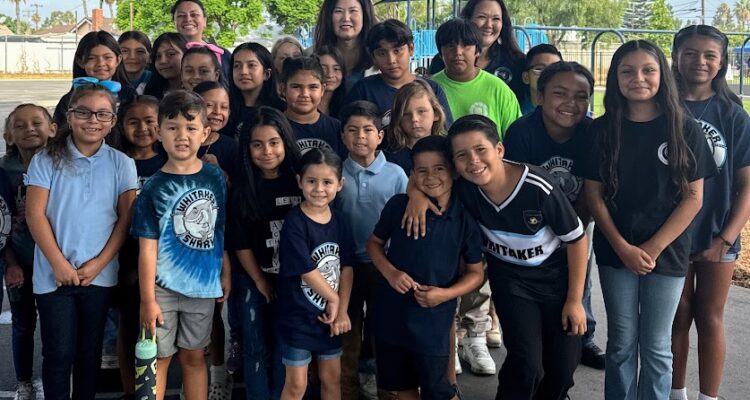 Buena Park School District Superintendent Dr. Julienne Lee celebrates the park opening with Whitaker Elementary students on Aug. 7. (Photos courtesy of Buena Park School District)