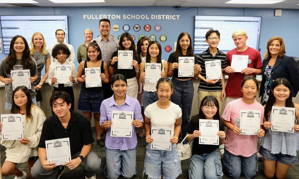 Fullerton School District students are recognized by the district board of trustees for their national speech and debate title on Aug. 20. (Courtesy of Fullerton School District) 