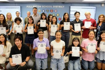 Fullerton School District students are recognized by the district board of trustees for their national speech and debate title on Aug. 20. (Courtesy of Fullerton School District)