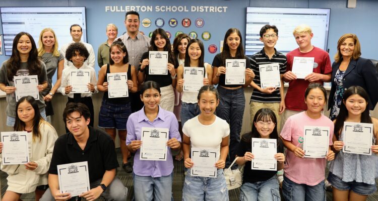 Fullerton School District students are recognized by the district board of trustees for their national speech and debate title on Aug. 20. (Courtesy of Fullerton School District)