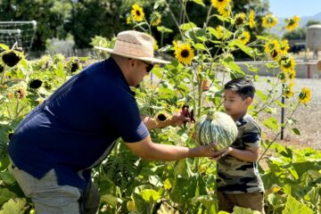 Moises Plascencia handing a pumkin to Julian.