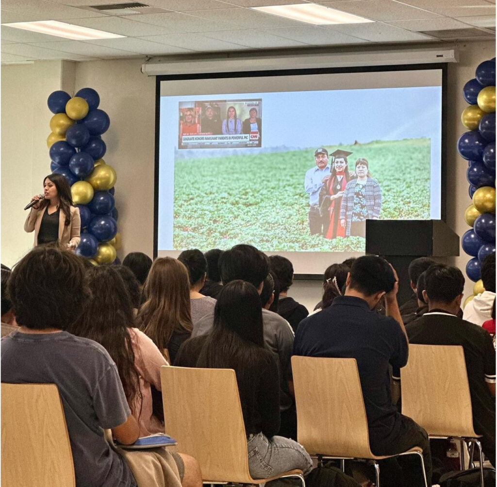 Erica Alfaro speaks to students from the Garden Grove Unified School District on Sept. 25.