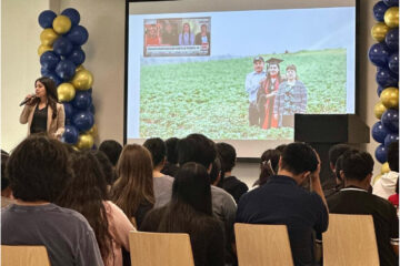 Erica Alfaro speaks to students from the Garden Grove Unified School District on Sept. 25.