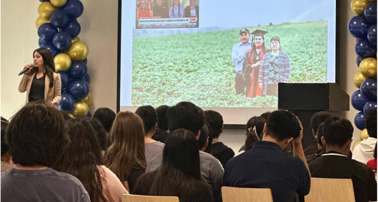 Erica Alfaro speaks to students from the Garden Grove Unified School District on Sept. 25.