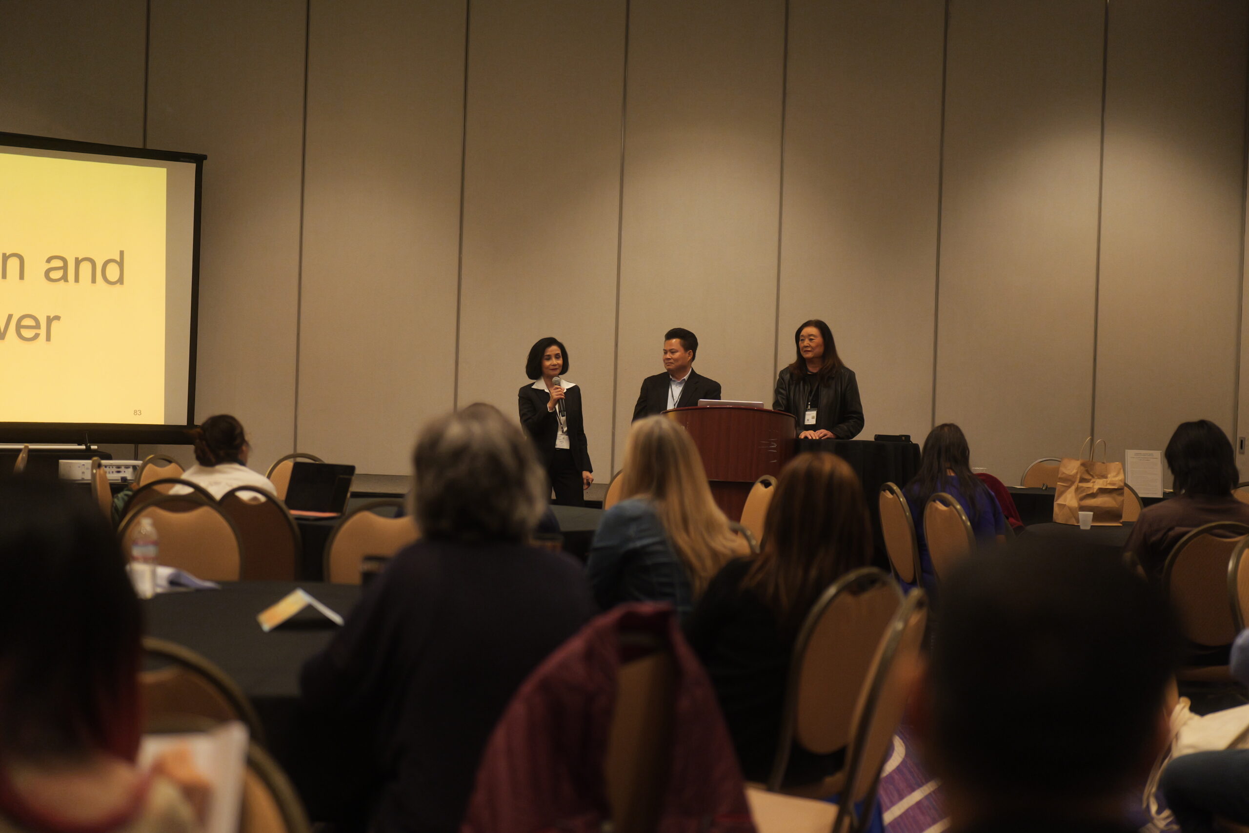 Presenters Richer San, Sithea San, and Mariko Kahn lead the session "The Joy and Agony of Creating Cambodia Town" on Friday, Nov. 15.