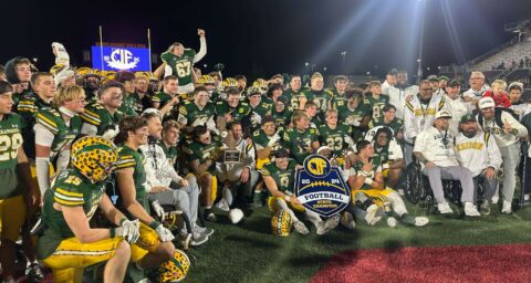 The Edison High School Chargers celebrate their win at the CIF Division 1-A state championship game on Dec. 14. (Huntington Beach Union High School District)