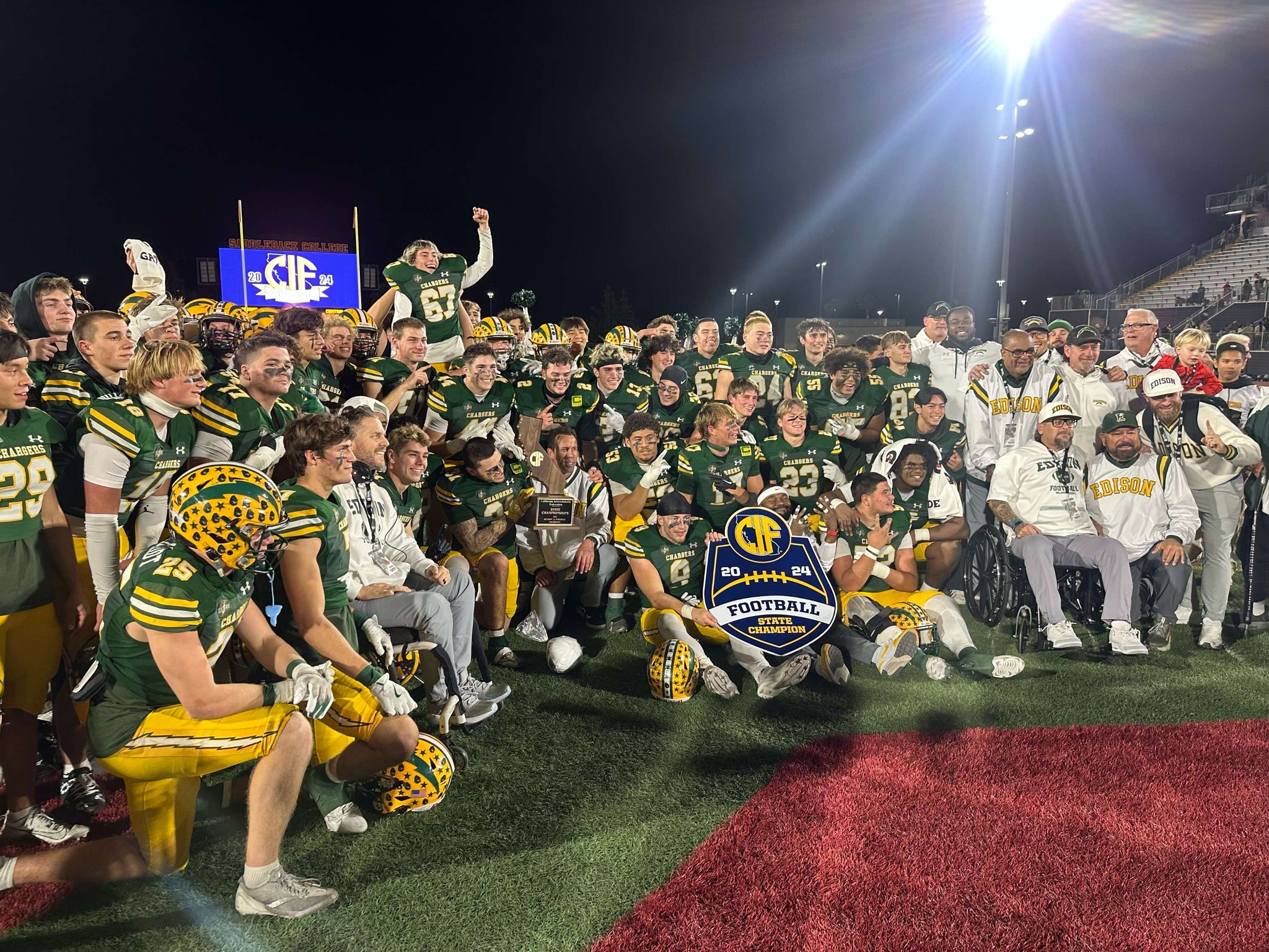 The Edison High School Chargers celebrate their win at the CIF Division 1-A state championship game on Dec. 14. (Huntington Beach Union High School District)