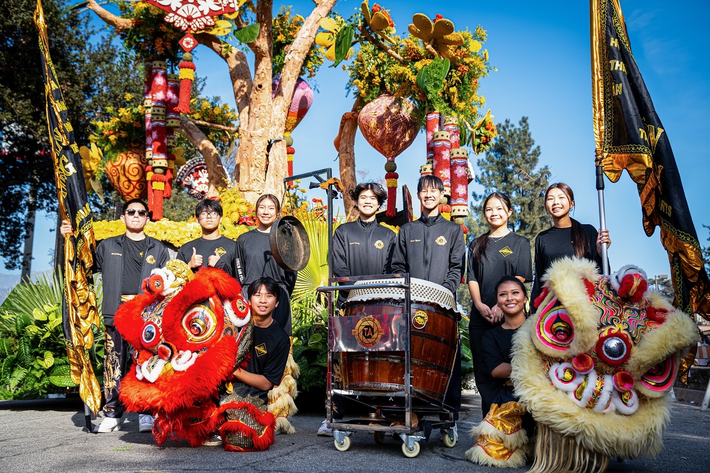 Westminster High School students pose for a group photo after performing at the 2025 Rose Parade in Pasadena.