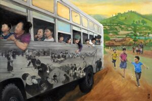 Hmong families say goodbye to loved ones boarding a bus at a refugee camp in Thailand, reflecting both sorrow and hope as they prepare to journey to the United States. (Image created by Boon Ma Yang for the Hmong History and Cultural Studies Model Curriculum)