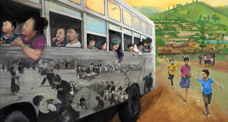 Hmong families say goodbye to loved ones boarding a bus at a refugee camp in Thailand, reflecting both sorrow and hope as they prepare to journey to the United States. (Image created by Boon Ma Yang for the Hmong History and Cultural Studies Model Curriculum)