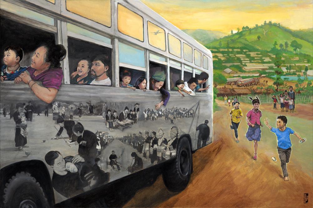 Hmong families say goodbye to loved ones boarding a bus at a refugee camp in Thailand, reflecting both sorrow and hope as they prepare to journey to the United States. (Image created by Boon Ma Yang for the Hmong History and Cultural Studies Model Curriculum)