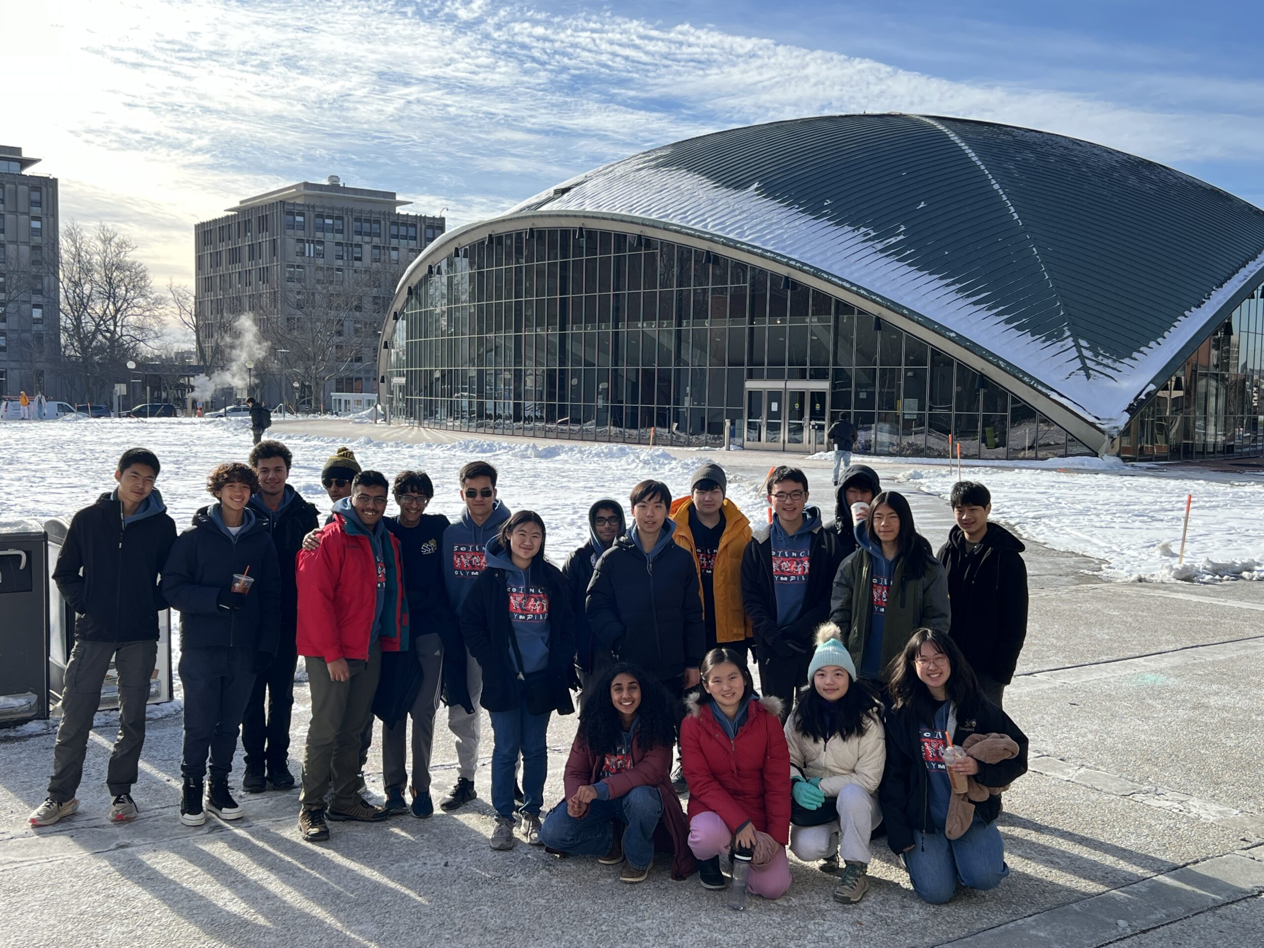 Members of Troy High School’s Science Olympiad team stand outside the Kresge Auditorium at the Massachusetts Institute of Technology during the 2025 MIT Science Olympiad Invitational.