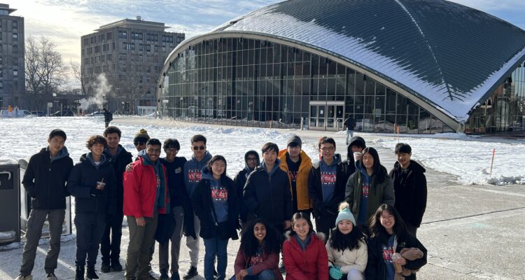 Members of Troy High School’s Science Olympiad team stand outside the Kresge Auditorium at the Massachusetts Institute of Technology during the 2025 MIT Science Olympiad Invitational.