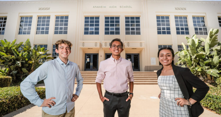 Student ambassadors stand in front of Anaheim High School’s entrance. (Photo courtesy of the Anaheim Union High School District)