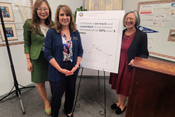 Sujie Shin, Jami Parsons and Cecelia Leong stand in front of a poster highlighting California’s commitment to cut chronic absenteeism by 50 percent over five years.