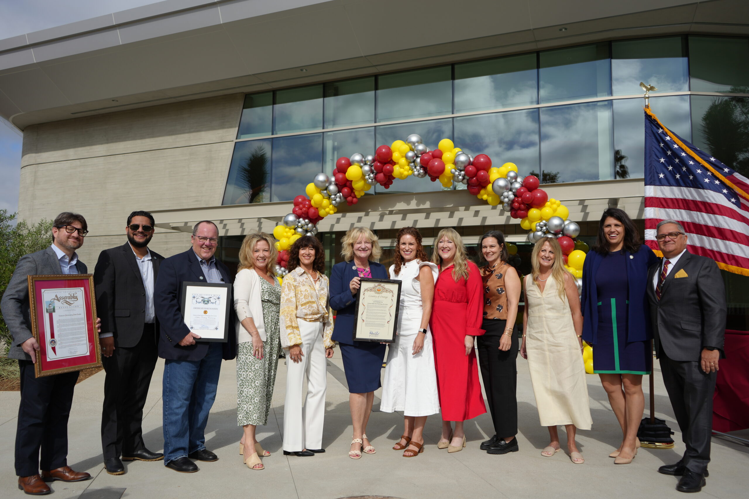 Newport-Mesa Unified School District educators, board members and local officials celebrate the opening of the Estancia High School Performing Arts Center.