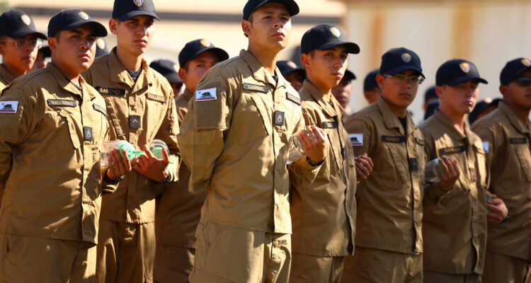 Sunburst Youth Academy cadets stand in formation during a ceremony at Joint Forces Training Base in Los Alamitos, where the academy was recognized as one of 12 campuses to receive OCDE’s inaugural School Impact Award.