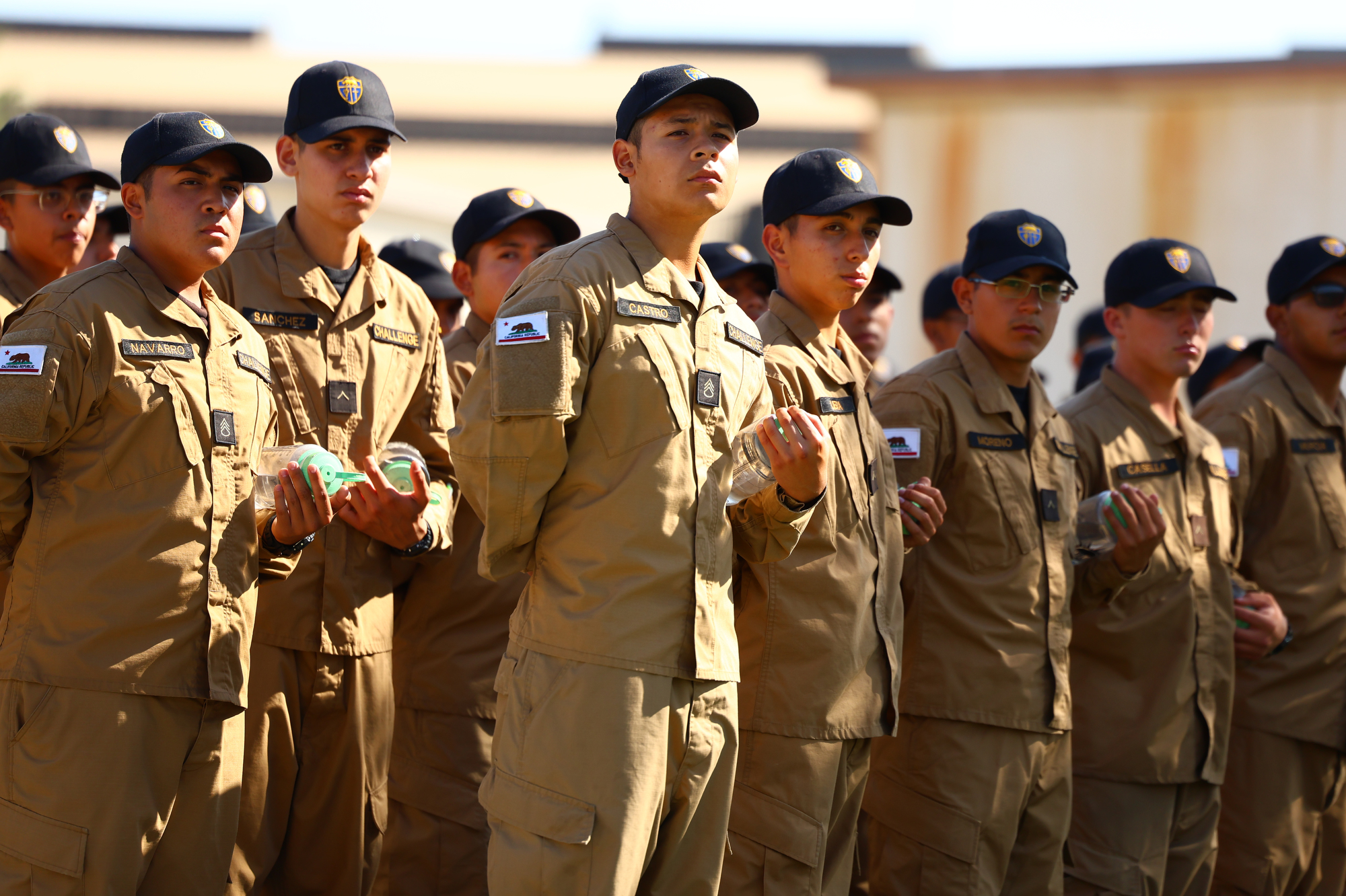 Sunburst Youth Academy cadets stand in formation during a ceremony at Joint Forces Training Base in Los Alamitos, where the academy was recognized as one of 12 campuses to receive OCDE’s inaugural School Impact Award.
