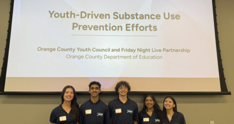 Five student leaders from the Orange County Youth Council pose for a photo at the Red Ribbon in Action event, held Oct. 29 at the OCDE Conference Center.