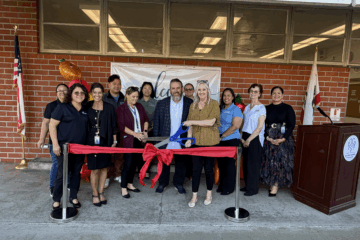 Westminster School District officials including Superintendent Dr. Gunn Marie Hansen and Johnson Middle School Principal Daniel Owens cut the ribbon on the opening of the Helping Hands Food Pantry. (Courtesy of Westminster School District)