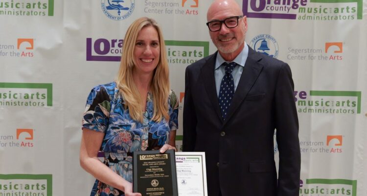 Gigi Manning, 2025 OCMAA Award recipient for secondary media arts, stands with award sponsor and presenter Steven Brittan, president and CEO of the Laguna College of Art + Design.
