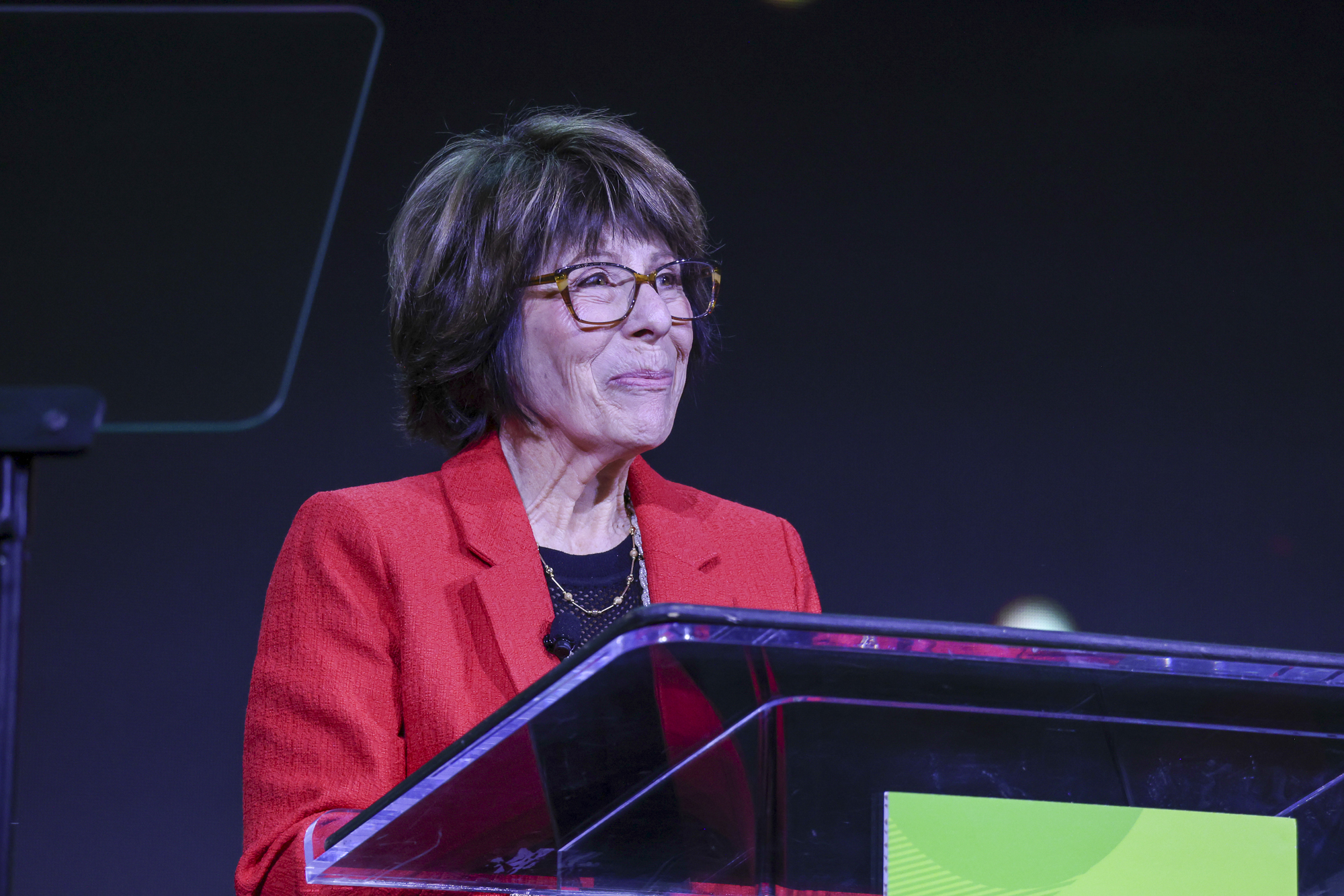 SVUSD Board President Suzie R. Swartz at a podium