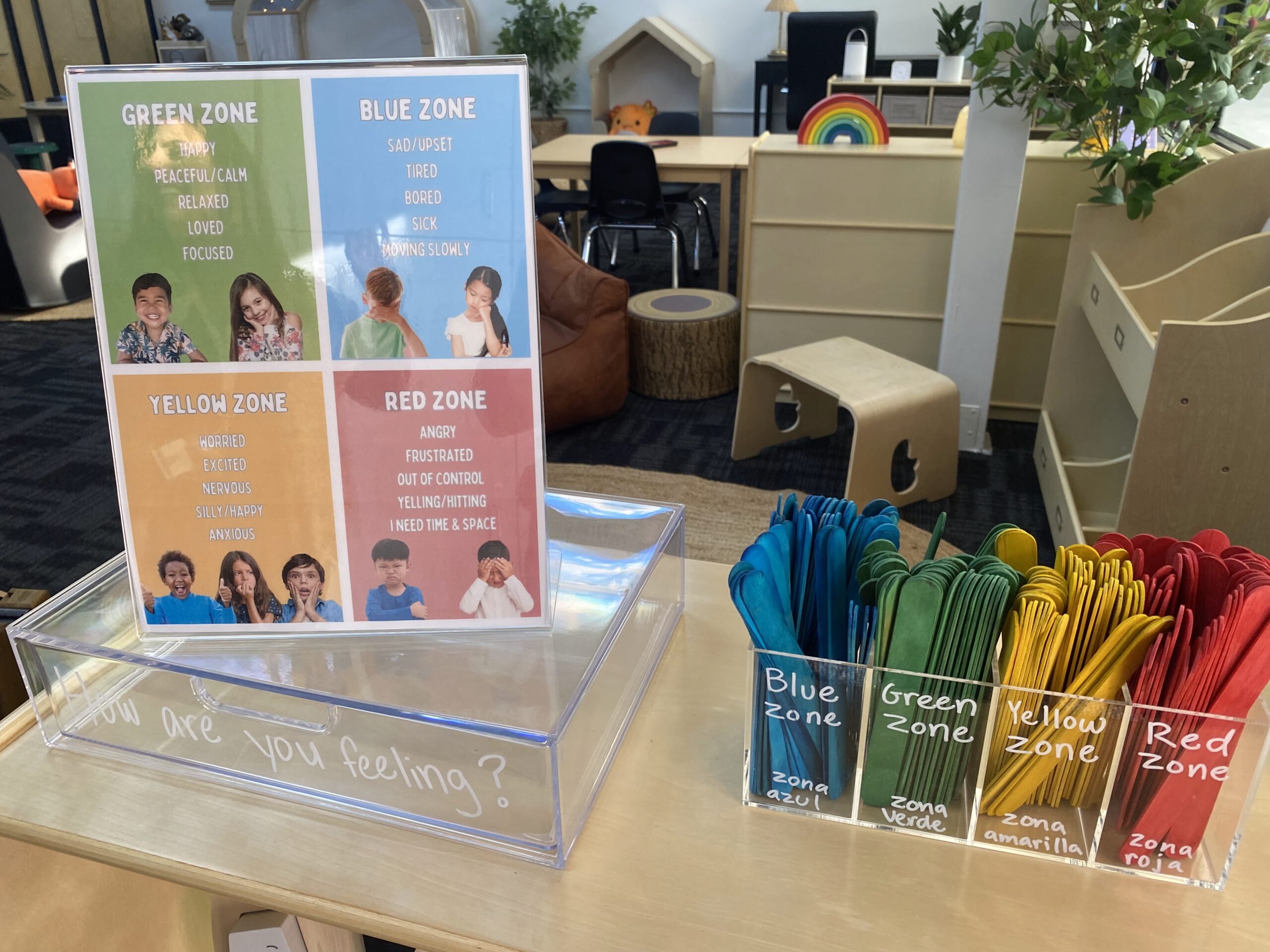 Arovista Elementary students are greeted by an interactive feelings activity when they walk into the new WellSpace on campus. 