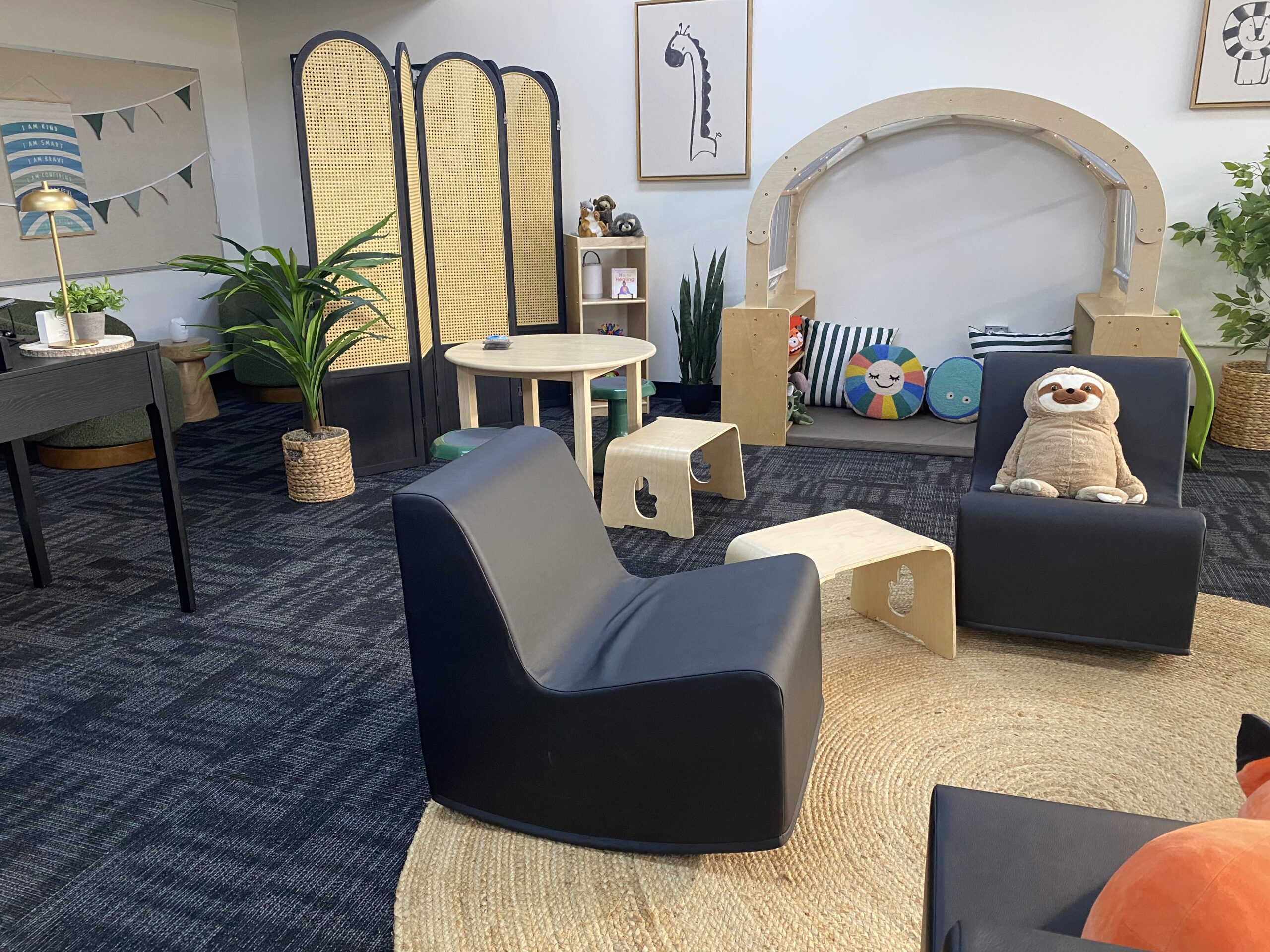 Arovista Elementary's new WellSpace features areas for reading alongside peers and playing with stuffed animals.