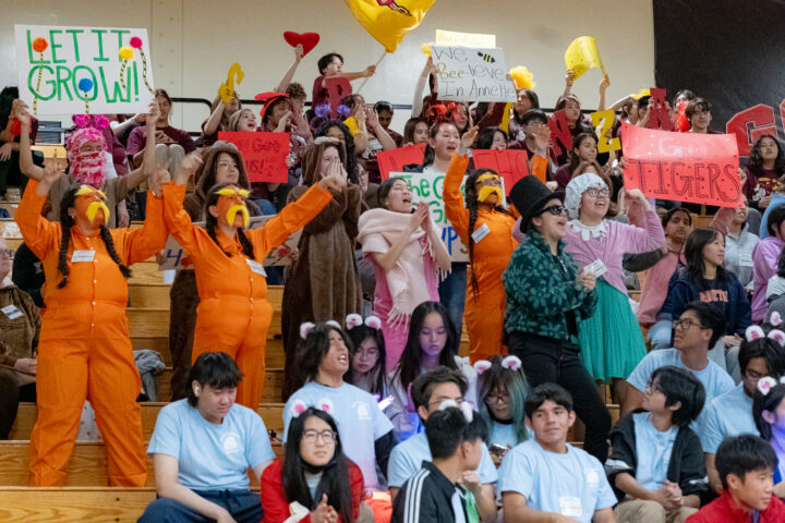 Participants and supporters, some dressed in team costumes, cheer from the stands during the Super Quiz Relay at the 2025 Orange County Academic Decathlon.
