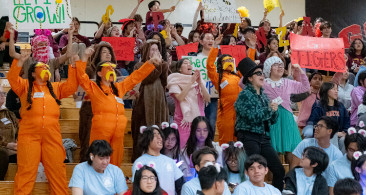 Participants and supporters, some dressed in team costumes, cheer from the stands during the Super Quiz Relay at the 2025 Orange County Academic Decathlon.