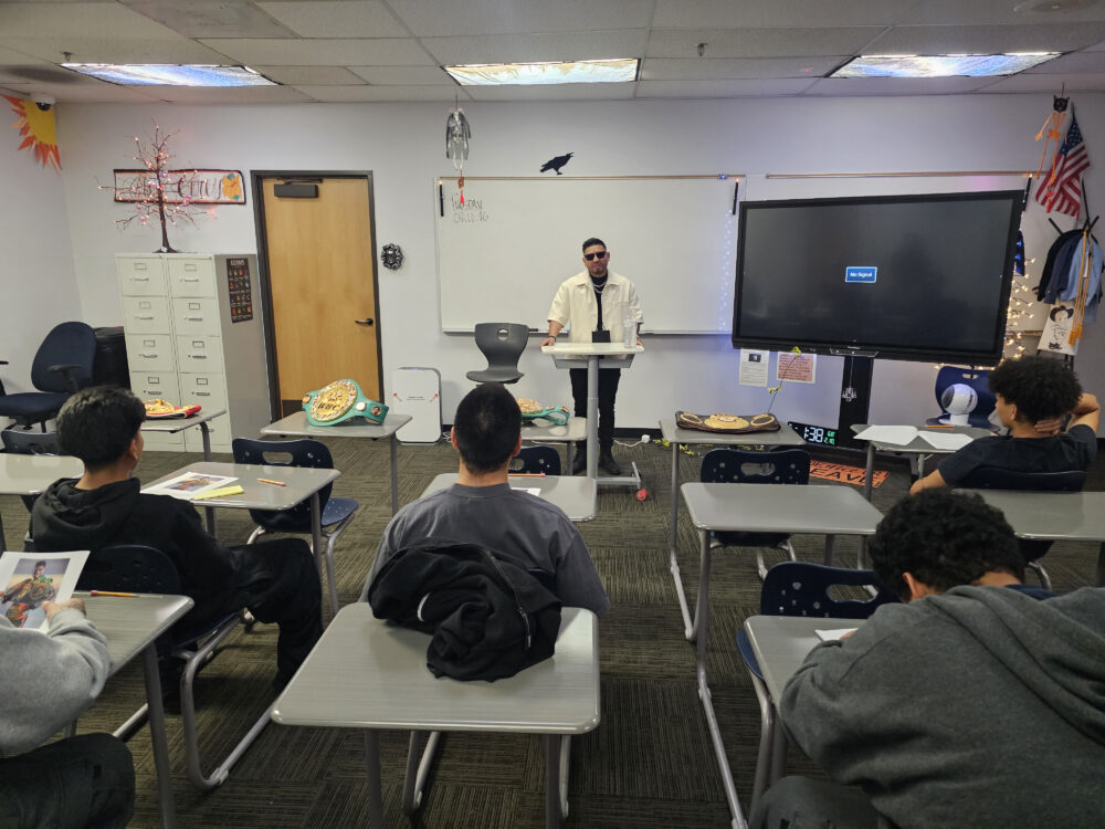 Champion boxer Abner Mares connects with OCDE’s Youth Reporting Center North students through shared experience