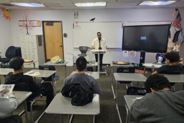 Abner Mares shares his story with students from OCDE's Youth Reporting Center North.