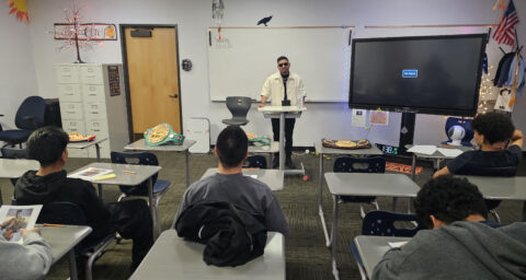 Abner Mares shares his story with students from OCDE's Youth Reporting Center North.