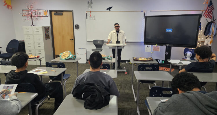 Abner Mares shares his story with students from OCDE's Youth Reporting Center North.