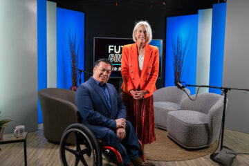 County Superintendent Dr. Stefan Bean and Sue Parks, president and CEO of Orange County United Way, pose on the set of OCDE’s FutureCurrent podcast.