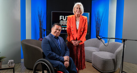 County Superintendent Dr. Stefan Bean and Sue Parks, president and CEO of Orange County United Way, pose on the set of OCDE’s FutureCurrent podcast.