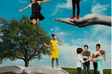 Illustrated composite image of diverse children standing and jumping on an open book and a large outstretched hand against a blue sky, with a tree in the background and simple doodle icons like hearts, stars and speech bubbles suggesting learning, support and empowerment.