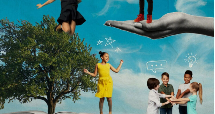 Illustrated composite image of diverse children standing and jumping on an open book and a large outstretched hand against a blue sky, with a tree in the background and simple doodle icons like hearts, stars and speech bubbles suggesting learning, support and empowerment.