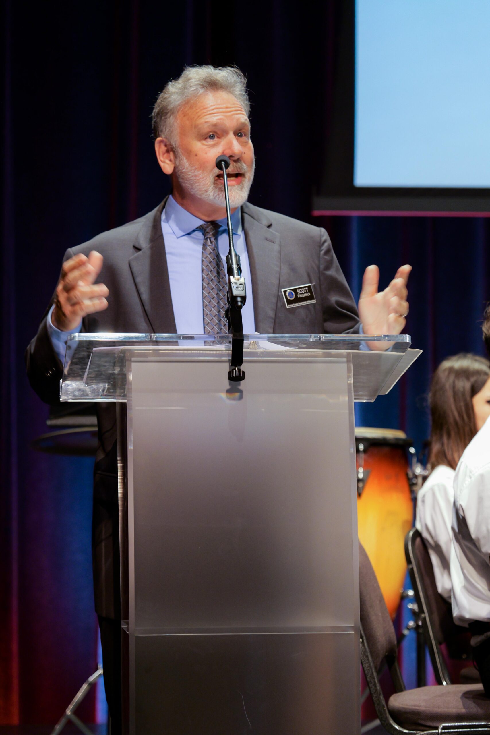 Scott Fitzpatrick, arts coordinator for the Orange County Department of Education, addresses attendees during the 2026 OCMAA Awards ceremony.