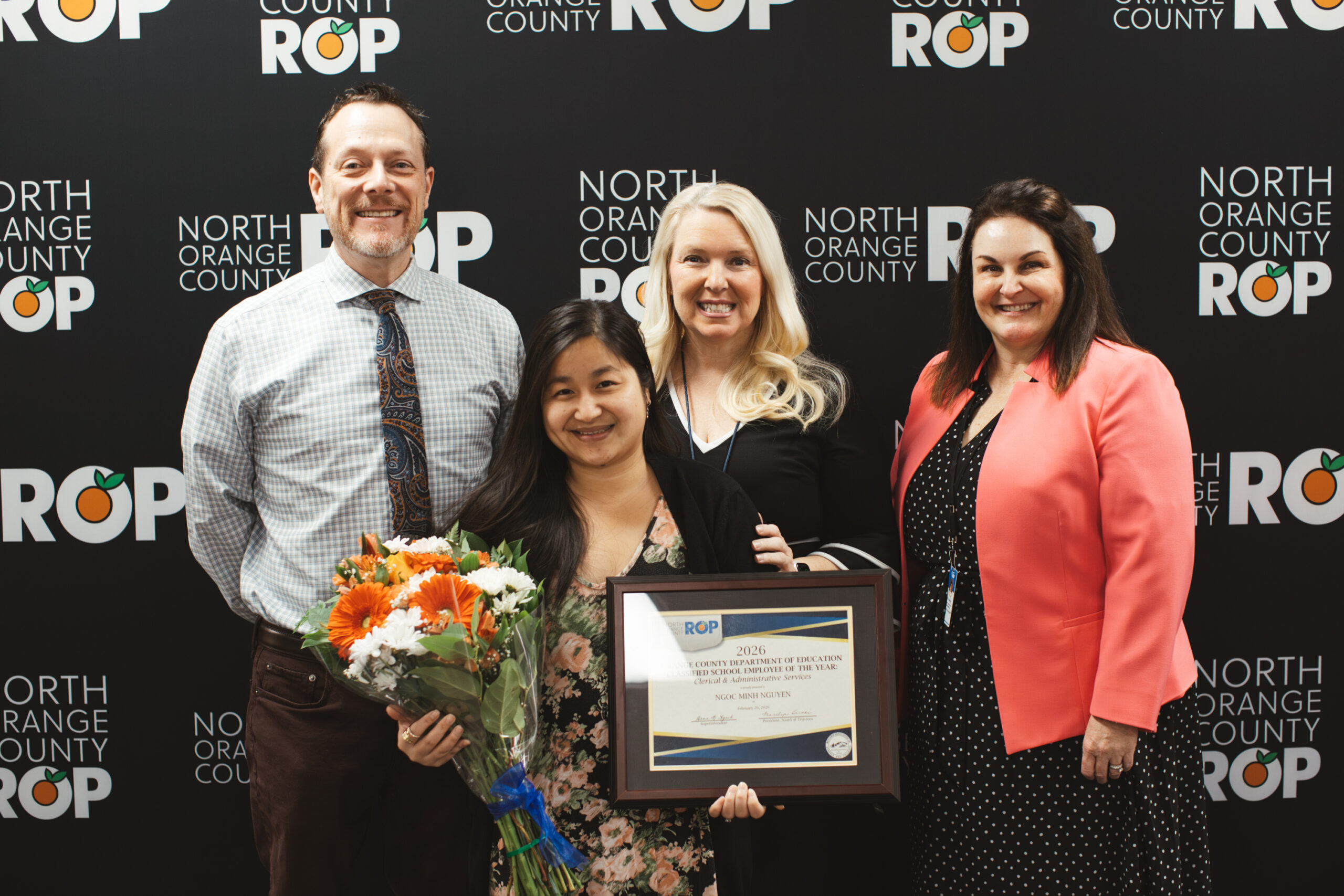 Ngoc Minh Nguyen, accounting technician I for North Orange County ROP, is recognized by colleagues and district leaders after being named the 2026 Orange County Classified School Employee of the Year in Clerical and Administrative Services.