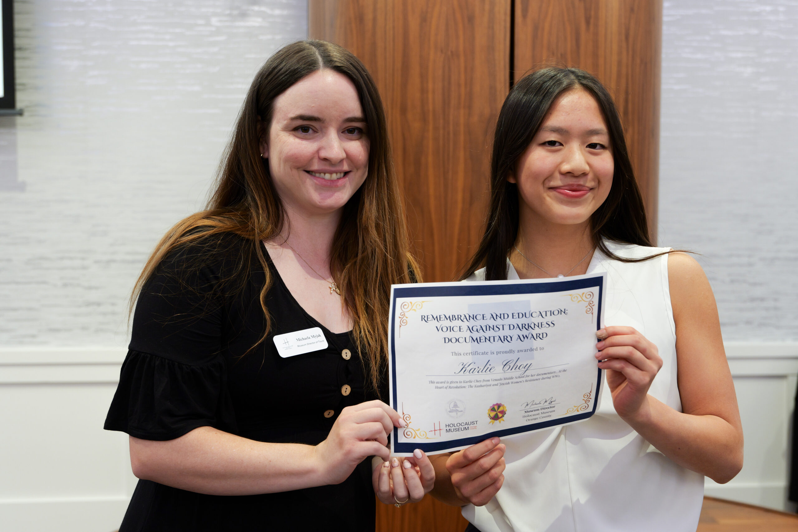 Irvine Unified student Karlie Choy earns a special honor, the Holocaust Education Center Remembrance and Education: Voice Against Darkness Documentary Award.