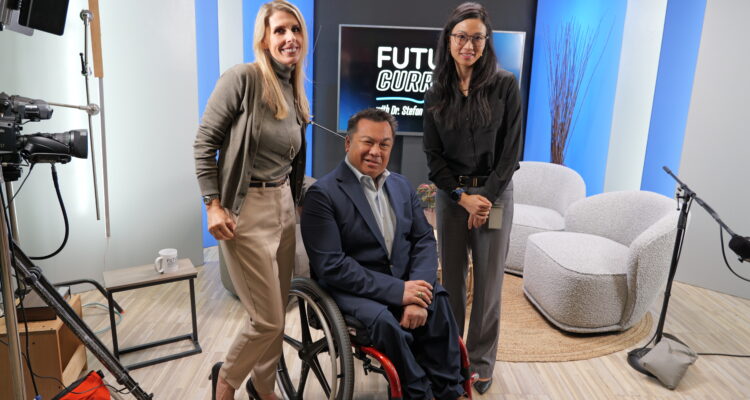 Orange County Superintendent Dr. Stefan Bean on the FutureCurrent podcast set alongside educator Lainie Rowell and OCDE Associate Superintendent Dr. Sandra Lee.