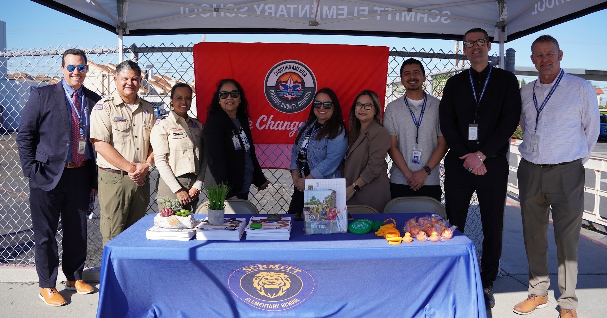 Westminster School District leaders and Scouting America representatives gather during a kickoff event for the district’s new after-school Scouts program.