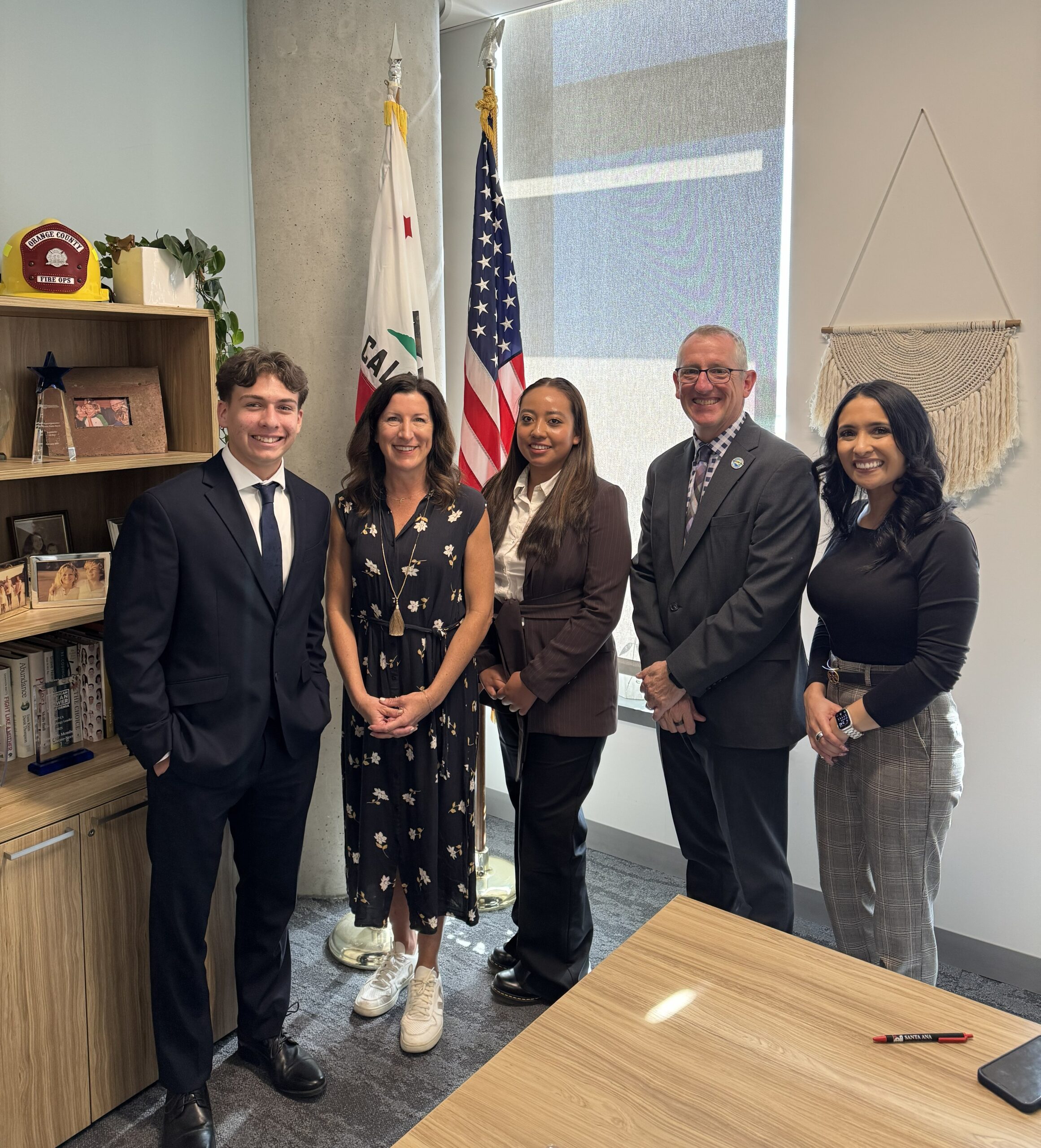 Coastline ROP Superintendent Brian Dozer, second from right, Laguna Hills High School student Reece Ayala, left, and Estancia High School student Rosselyn Ruiz, center right, meet with Assemblywoman Cottie Petrie-Norris, center, and Coastline ROP Educational Services Administrator Gina Escobar during a visit to the State Capitol in Sacramento.
